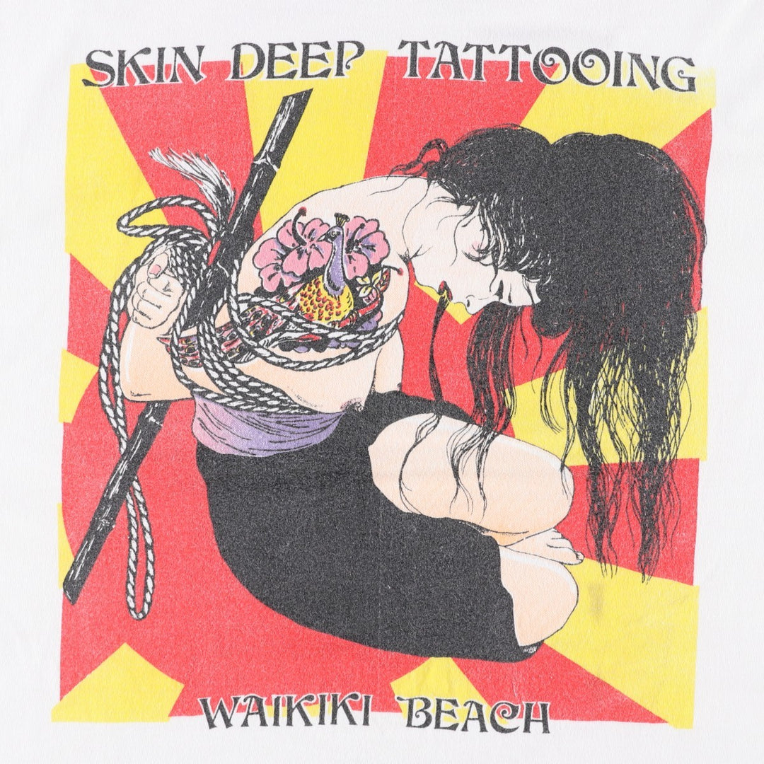 90s-00'S Hanes BEEFY-T SKIN DEEP TATTOOING Japanese Pattern Erotic T-shirt Advertising T-shirt Men's L equivalent cotton white type Vintage Second Hand