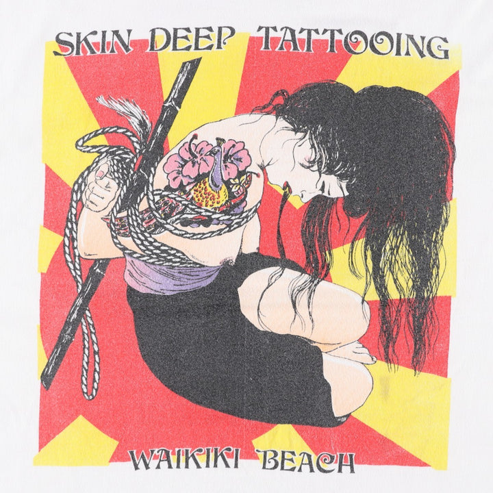 90s-00'S Hanes BEEFY-T SKIN DEEP TATTOOING Japanese Pattern Erotic T-shirt Advertising T-shirt Men's L equivalent cotton white type Vintage Second Hand