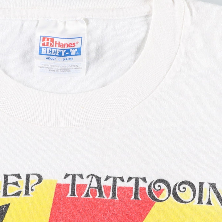 90s-00'S Hanes BEEFY-T SKIN DEEP TATTOOING Japanese Pattern Erotic T-shirt Advertising T-shirt Men's L equivalent cotton white type Vintage Second Hand
