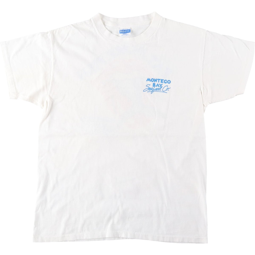 80s-90'S Royal FIRST CLASS MONTEGO BAY Seafood Co. parody advertising T-shirt, made in USA, men's size L equivalent. cotton white type Vintage Second Hand