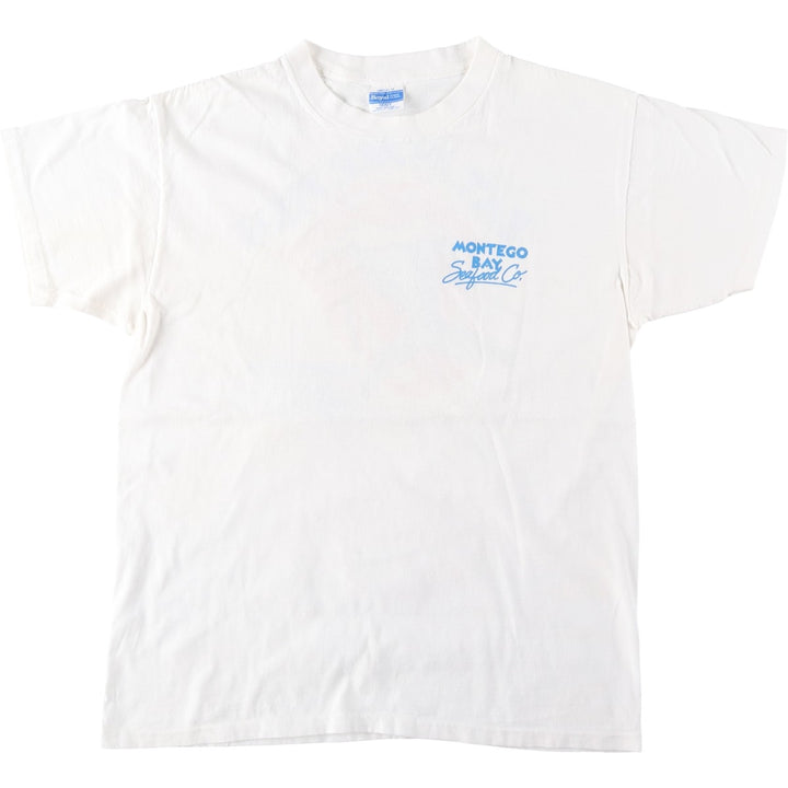 80s-90'S Royal FIRST CLASS MONTEGO BAY Seafood Co. parody advertising T-shirt, made in USA, men's size L equivalent. cotton white type Vintage Second Hand