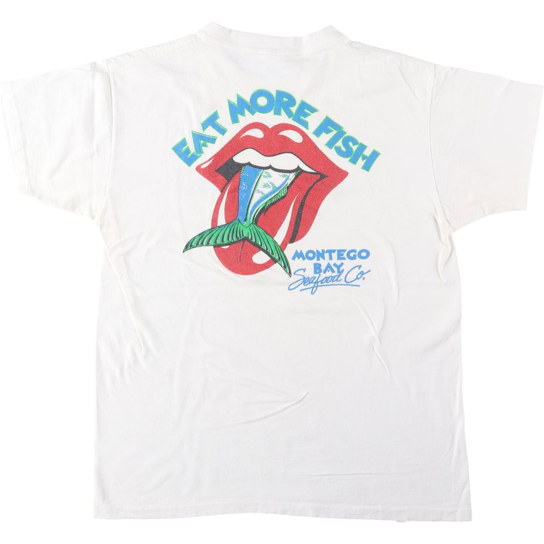 80s-90'S Royal FIRST CLASS MONTEGO BAY Seafood Co. parody advertising T-shirt, made in USA, men's size L equivalent. cotton white type Vintage Second Hand