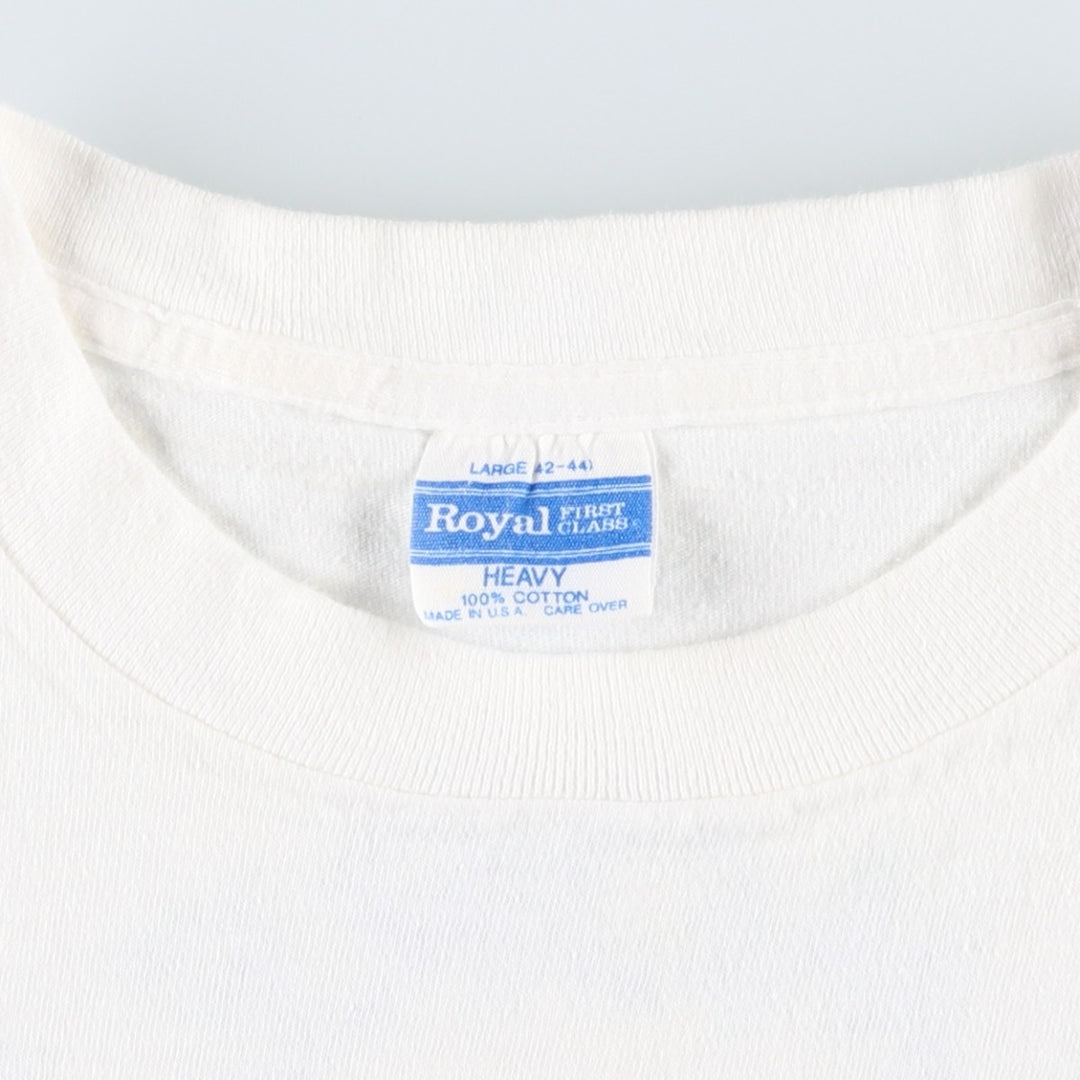 80s-90'S Royal FIRST CLASS MONTEGO BAY Seafood Co. parody advertising T-shirt, made in USA, men's size L equivalent. cotton white type Vintage Second Hand