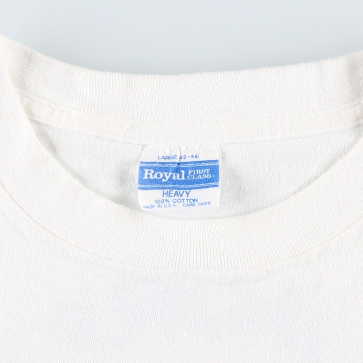 80s-90'S Royal FIRST CLASS MONTEGO BAY Seafood Co. parody advertising T-shirt, made in USA, men's size L equivalent. cotton white type Vintage Second Hand