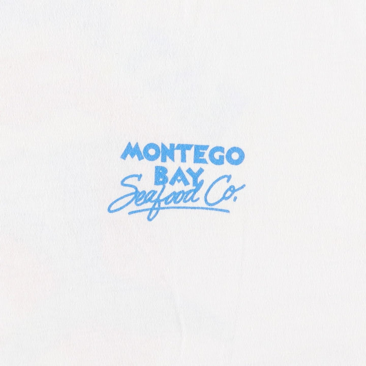80s-90'S Royal FIRST CLASS MONTEGO BAY Seafood Co. parody advertising T-shirt, made in USA, men's size L equivalent. cotton white type Vintage Second Hand