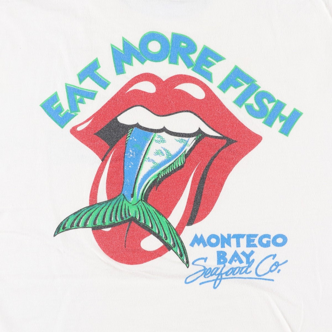 80s-90'S Royal FIRST CLASS MONTEGO BAY Seafood Co. parody advertising T-shirt, made in USA, men's size L equivalent. cotton white type Vintage Second Hand