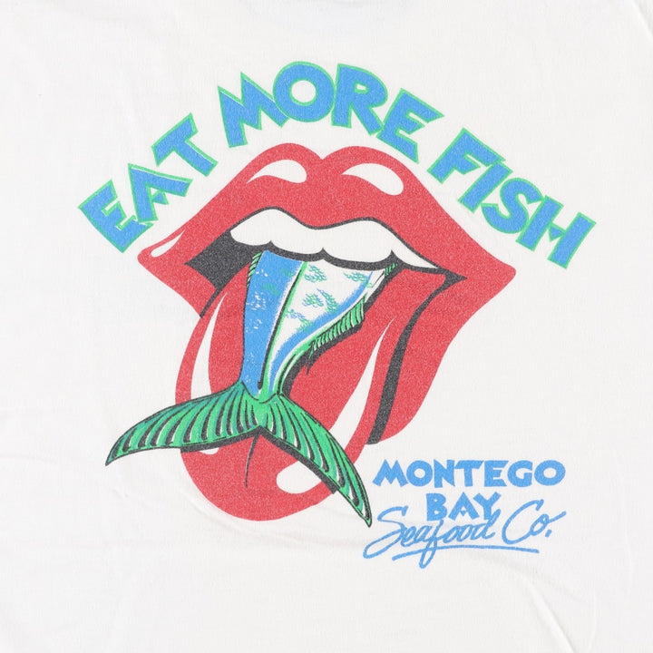 80s-90'S Royal FIRST CLASS MONTEGO BAY Seafood Co. parody advertising T-shirt, made in USA, men's size L equivalent. cotton white type Vintage Second Hand