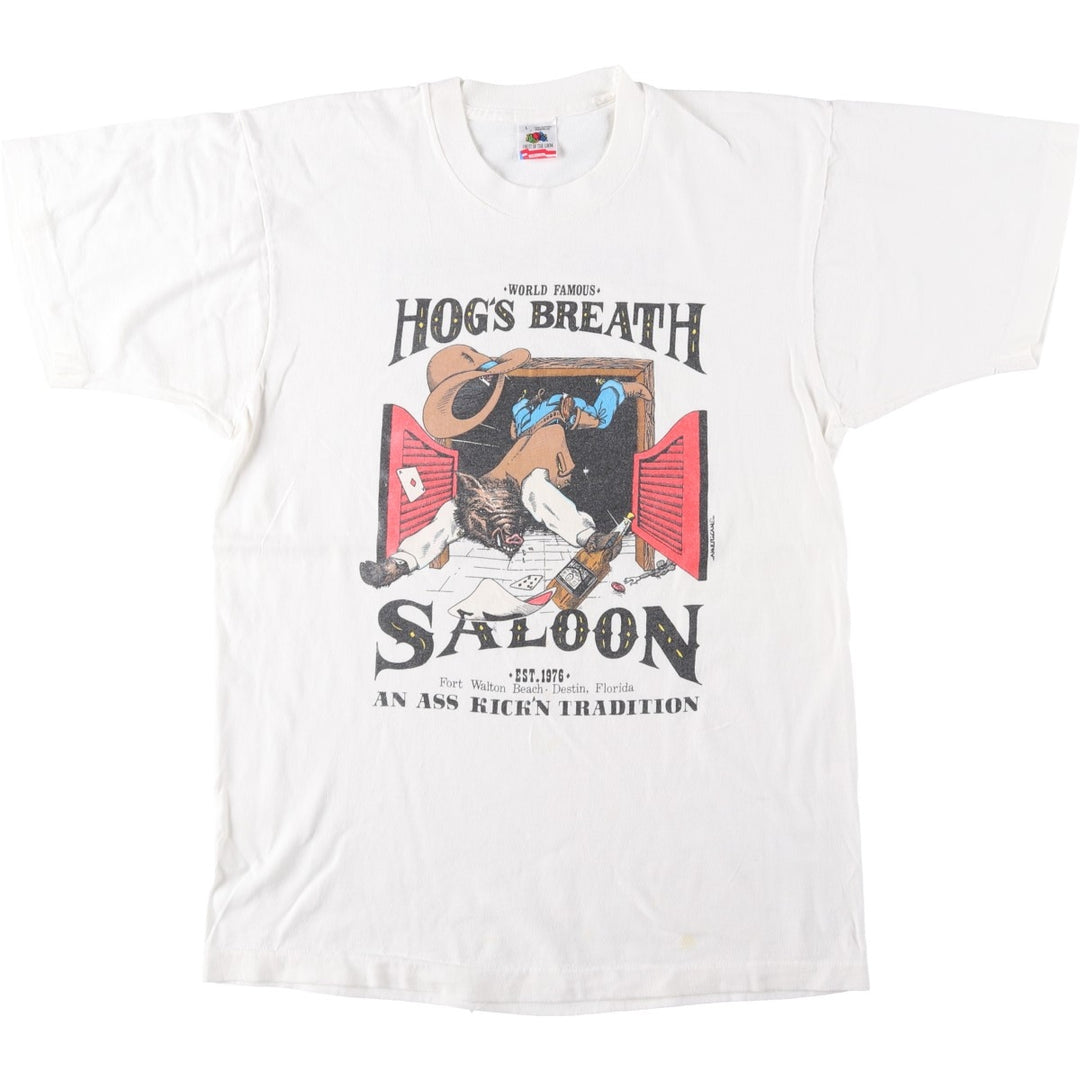 90'S Fruit of the Loom HOG'S BREATH SALOON Advertising T-Shirt, Made in USA, Men's Size L (approx.), Vintage cotton white type Vintage Second Hand