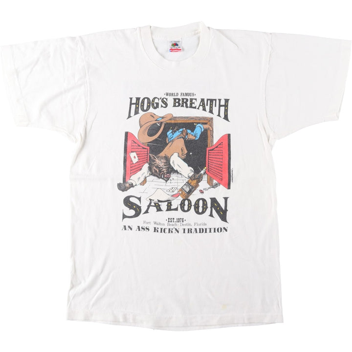 90'S Fruit of the Loom HOG'S BREATH SALOON Advertising T-Shirt, Made in USA, Men's Size L (approx.), Vintage cotton white type Vintage Second Hand