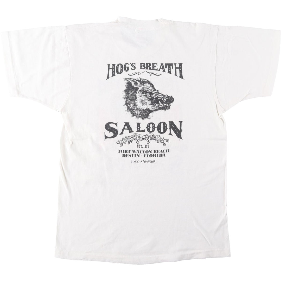 90'S Fruit of the Loom HOG'S BREATH SALOON Advertising T-Shirt, Made in USA, Men's Size L (approx.), Vintage cotton white type Vintage Second Hand