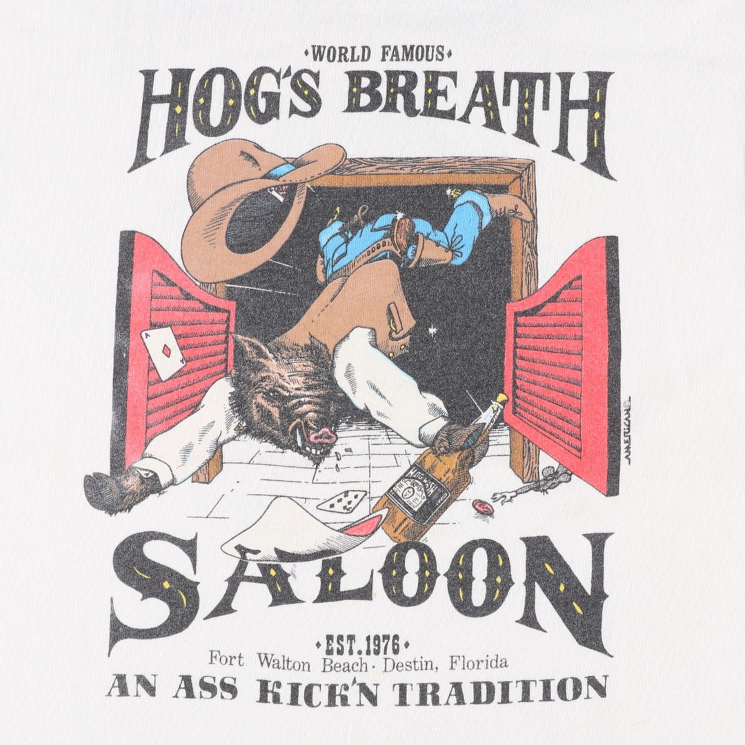 90'S Fruit of the Loom HOG'S BREATH SALOON Advertising T-Shirt, Made in USA, Men's Size L (approx.), Vintage cotton white type Vintage Second Hand