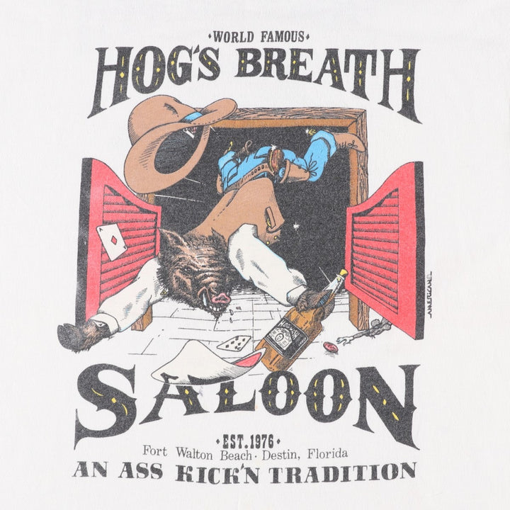 90'S Fruit of the Loom HOG'S BREATH SALOON Advertising T-Shirt, Made in USA, Men's Size L (approx.), Vintage cotton white type Vintage Second Hand
