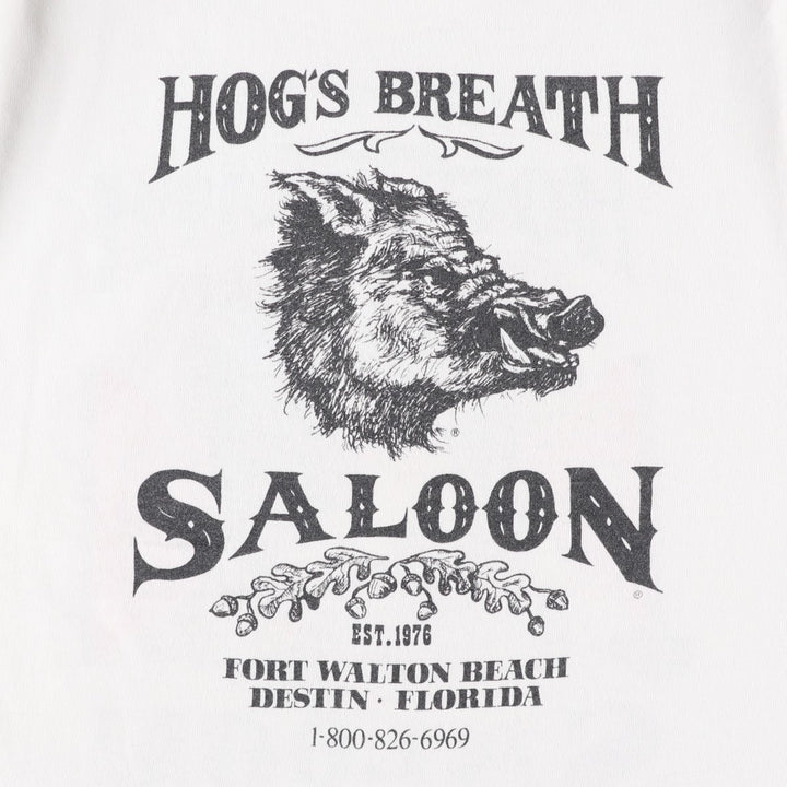90'S Fruit of the Loom HOG'S BREATH SALOON Advertising T-Shirt, Made in USA, Men's Size L (approx.), Vintage cotton white type Vintage Second Hand