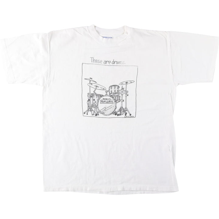 90'S All Sport KANSAS CITY DRUMWORKS Advertising T-Shirt, Made in USA, Men's XL equivalent, Vintage cotton white type Vintage Second Hand