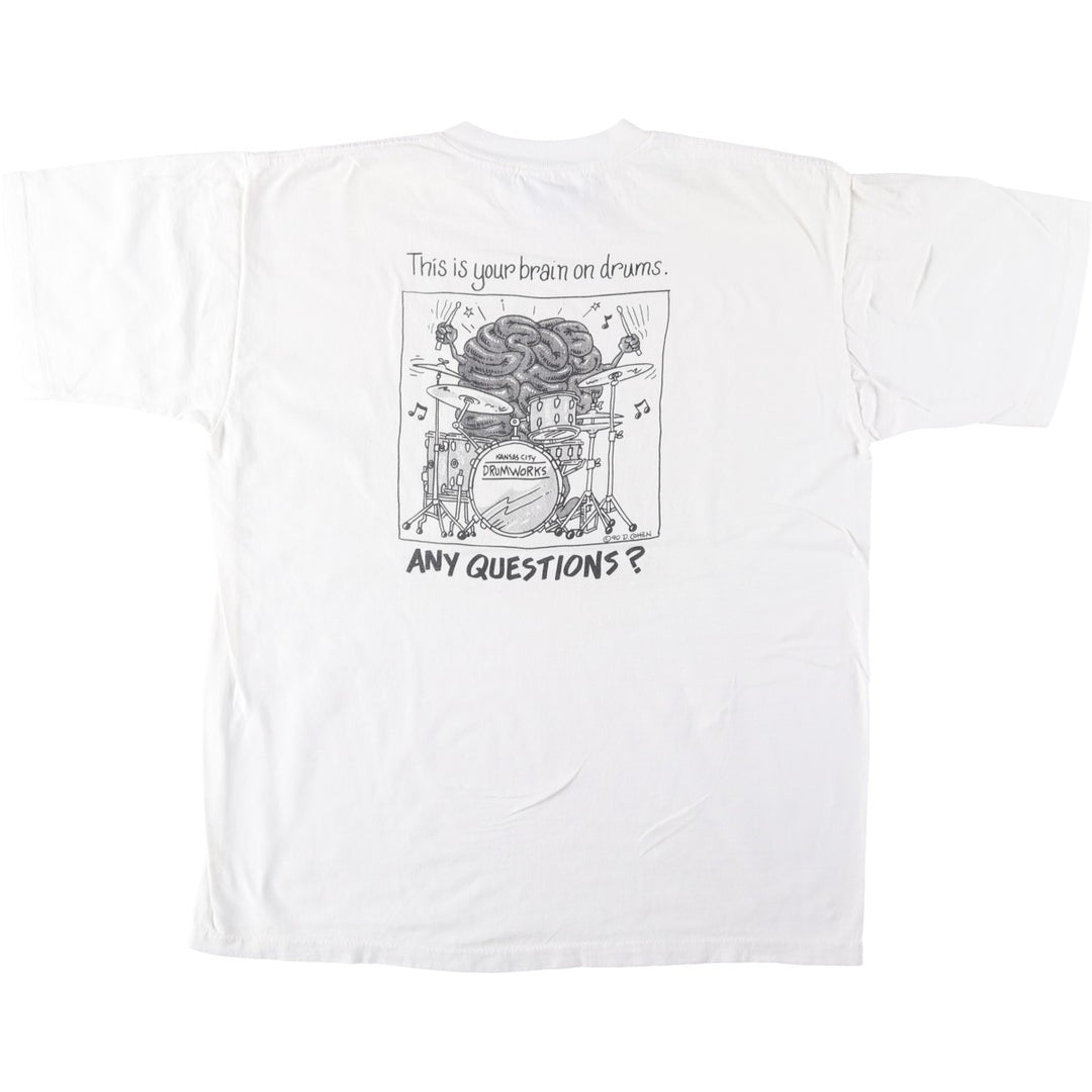 90'S All Sport KANSAS CITY DRUMWORKS Advertising T-Shirt, Made in USA, Men's XL equivalent, Vintage cotton white type Vintage Second Hand