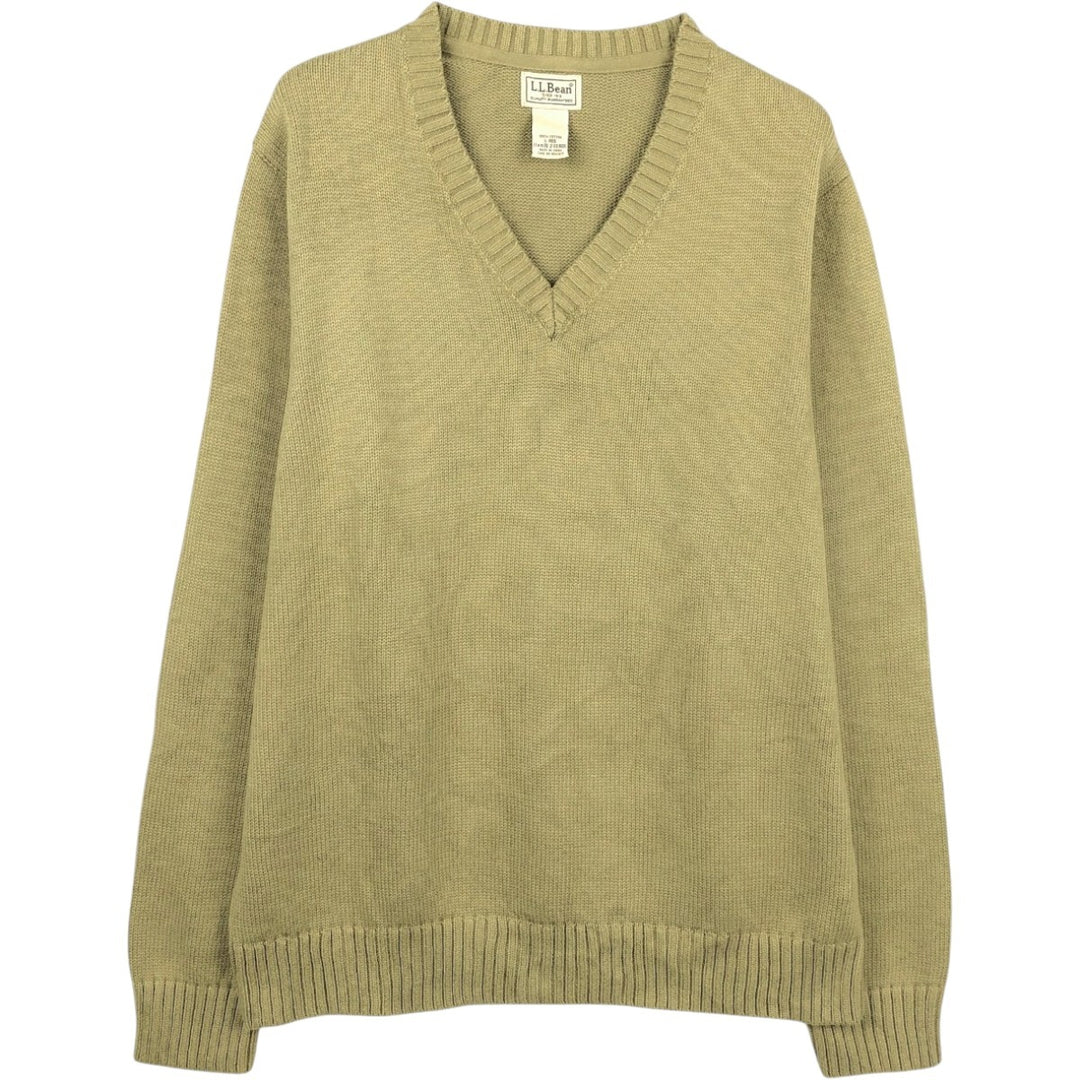 90s-00'S Vintage LLBean V-neck cotton knit sweater, size L, men's cotton Khaki type sage green Vintage Second Hand