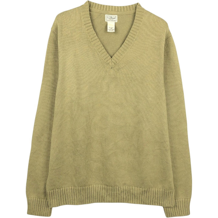 90s-00'S Vintage LLBean V-neck cotton knit sweater, size L, men's cotton Khaki type sage green Vintage Second Hand