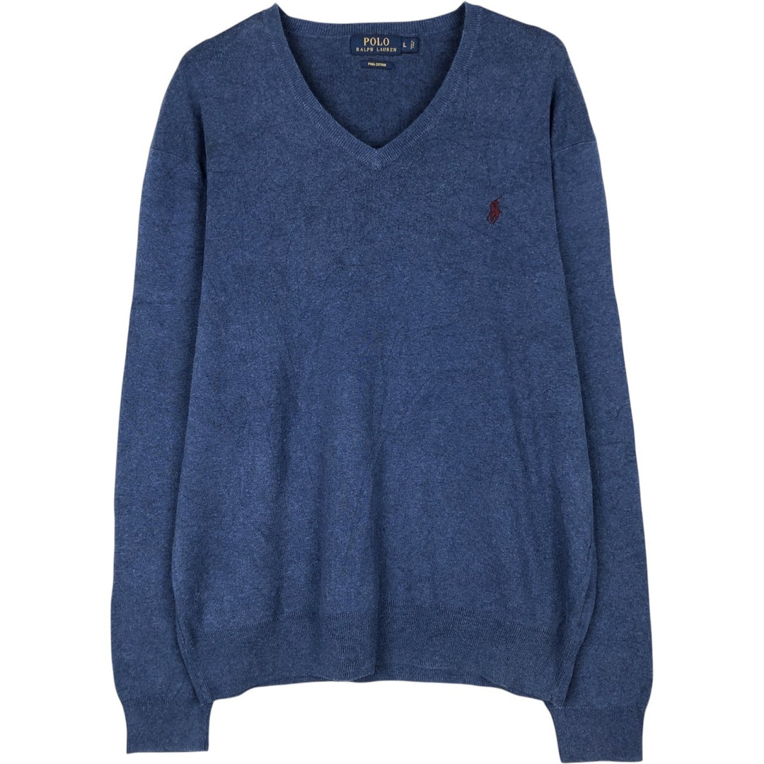 Ralph Lauren POLO RALPH LAUREN V-neck Pima cotton knit sweater, men's size L Pima Cotton blue type Vintage Second Hand