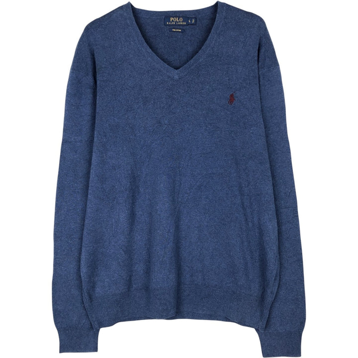 Ralph Lauren POLO RALPH LAUREN V-neck Pima cotton knit sweater, men's size L Pima Cotton blue type Vintage Second Hand