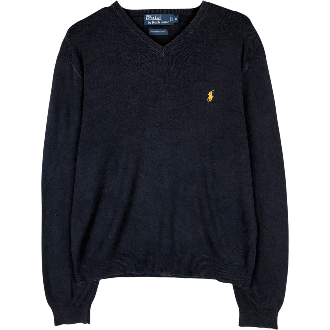 Ralph Lauren POLO by Ralph Lauren V-neck Pima cotton knit sweater, men's size M Pima Cotton navy blue type Vintage Second Hand