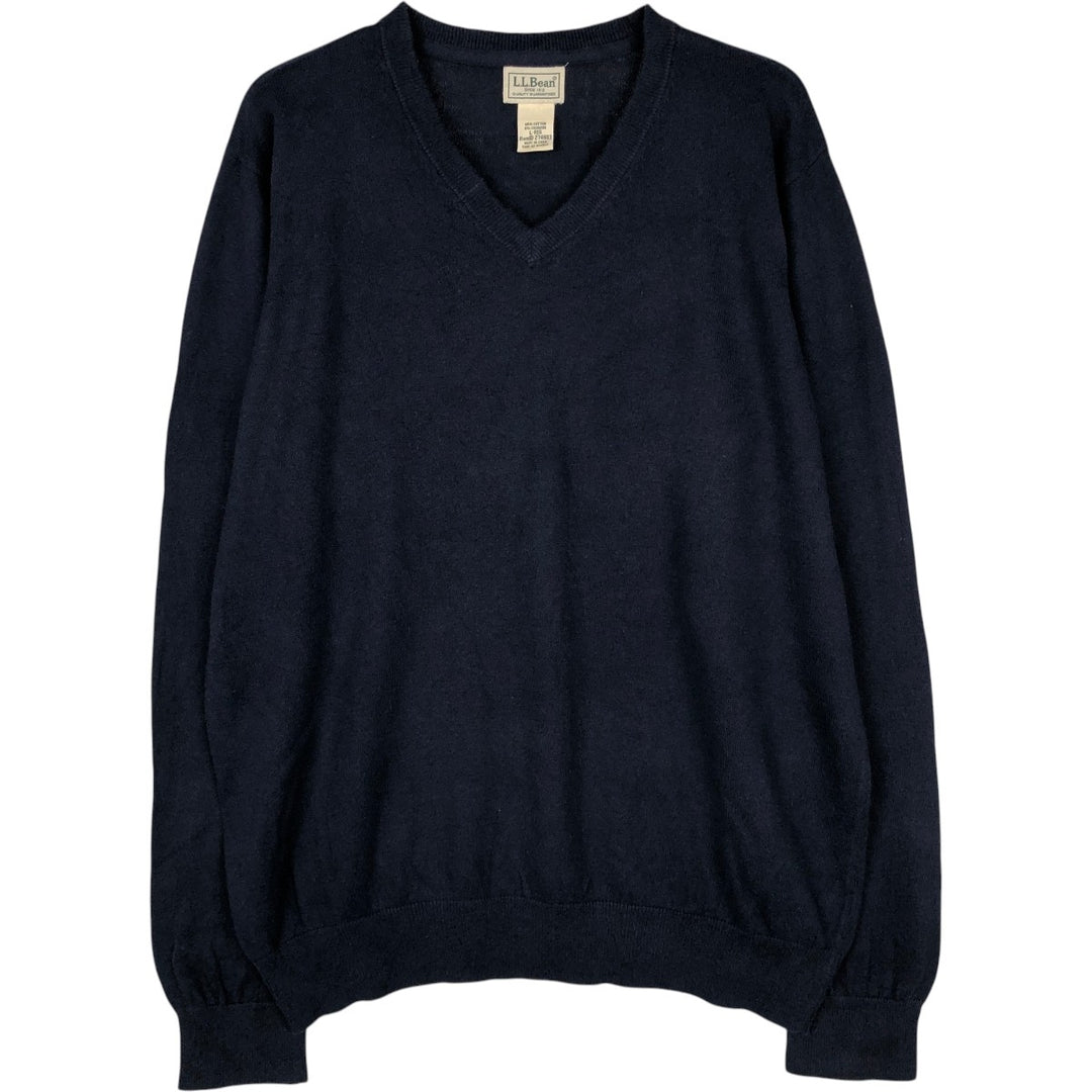 90s-00'S L.L.Bean V-neck cashmere blend cotton knit sweater, men's size L equivalent, vintage. cotton navy blue type Vintage Second Hand
