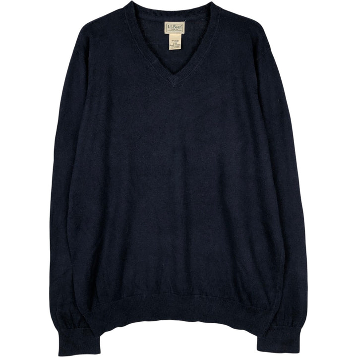 90s-00'S L.L.Bean V-neck cashmere blend cotton knit sweater, men's size L equivalent, vintage. cotton navy blue type Vintage Second Hand