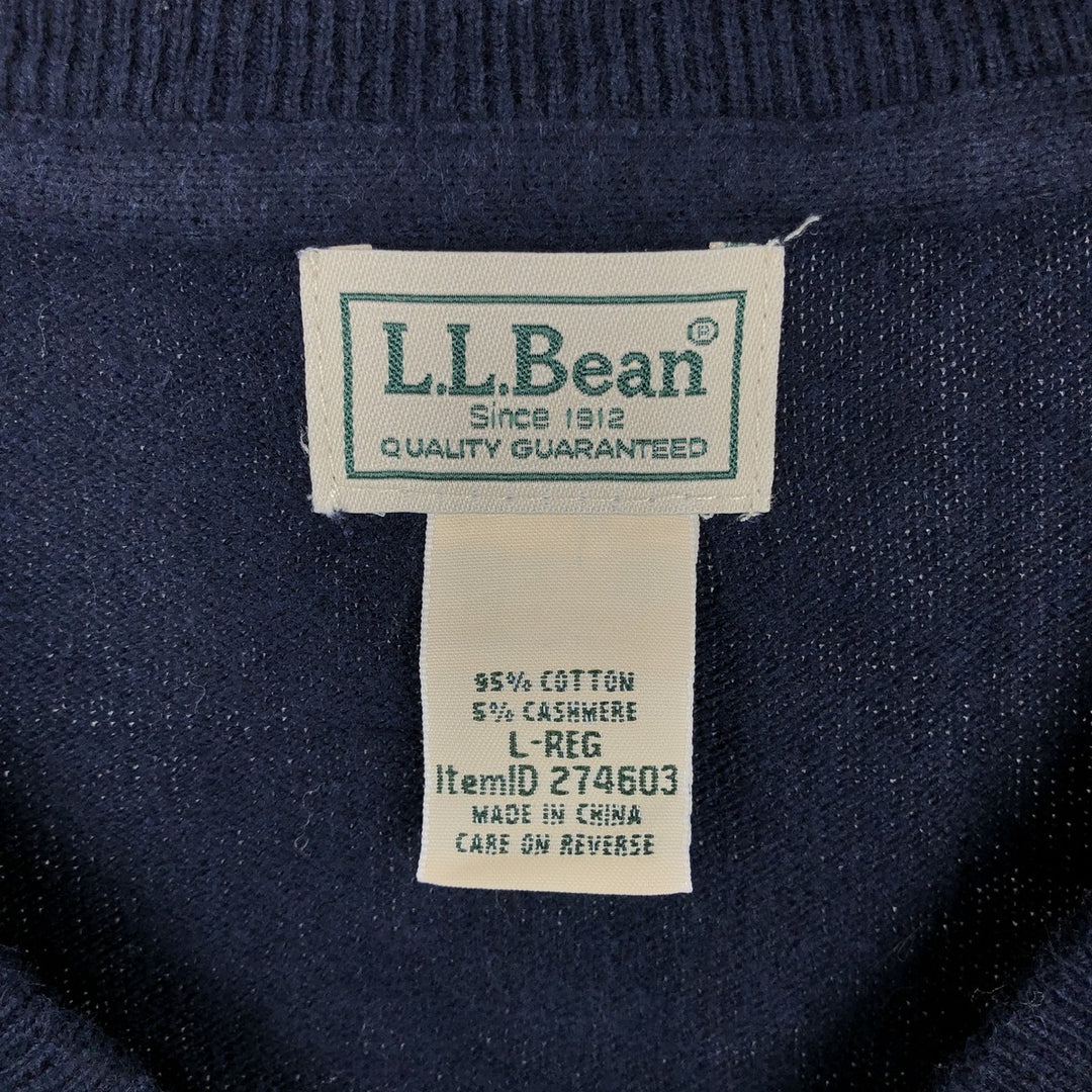 90s-00'S L.L.Bean V-neck cashmere blend cotton knit sweater, men's size L equivalent, vintage. cotton navy blue type Vintage Second Hand