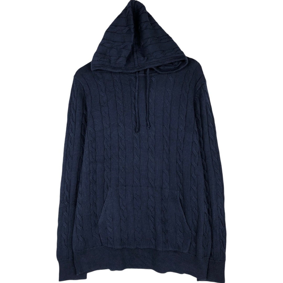Brooks Brothers Cable Knit Hooded Cotton Sweater, Made in China, Men's Size L (approx.) cotton navy blue type Vintage Second Hand