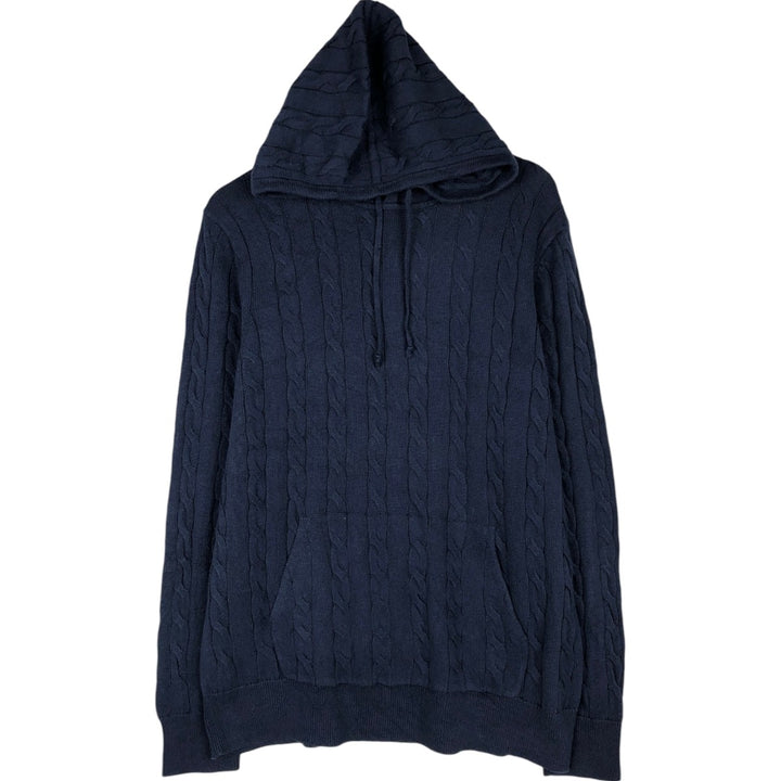 Brooks Brothers Cable Knit Hooded Cotton Sweater, Made in China, Men's Size L (approx.) cotton navy blue type Vintage Second Hand