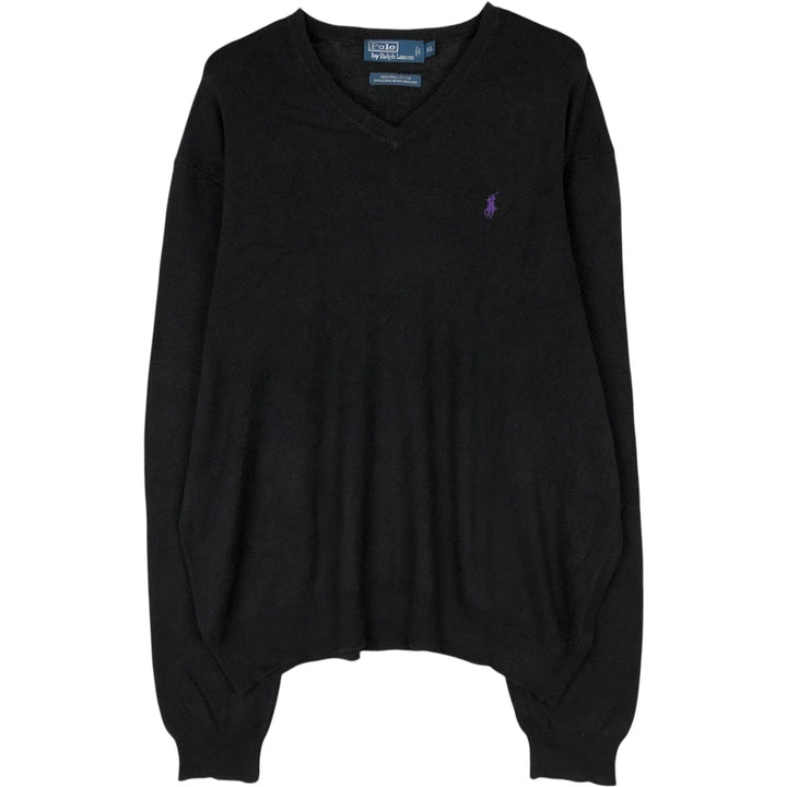 Ralph Lauren POLO by Ralph Lauren V-neck Pima cotton knit sweater, men's size XL Pima Cotton black type Vintage Second Hand