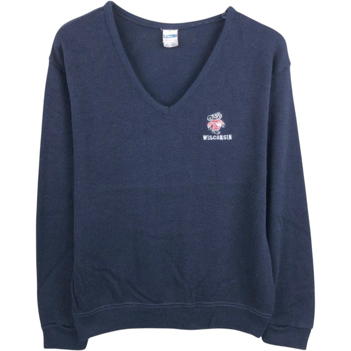 Champion POLO by Ralph Lauren College V-neck Acrylic Knit Sweater, Made in USA, Men's Size M (approx.), Vintage Rayon navy blue type Vintage Second Hand