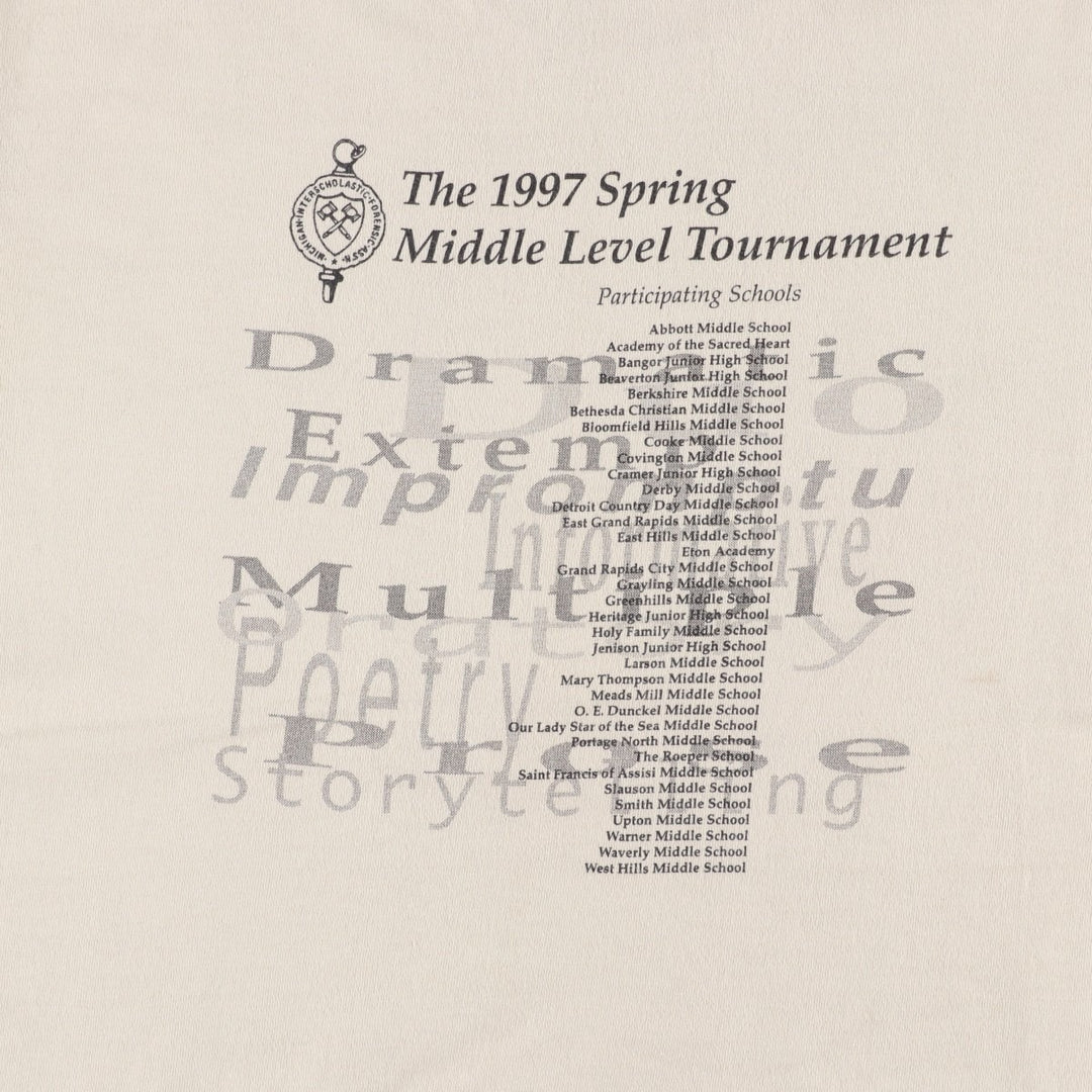 90'S Fruit of the Loom Forensics Middle Level Tournament Print T-Shirt, Made in USA, Men's Size L (approx.), Vintage cotton Beige type Vintage Second Hand