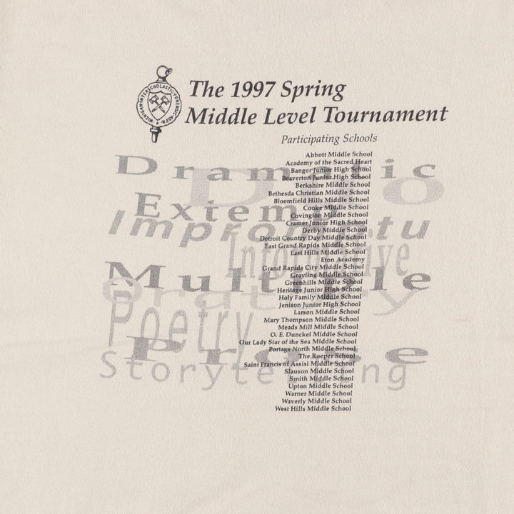 90'S Fruit of the Loom Forensics Middle Level Tournament Print T-Shirt, Made in USA, Men's Size L (approx.), Vintage cotton Beige type Vintage Second Hand