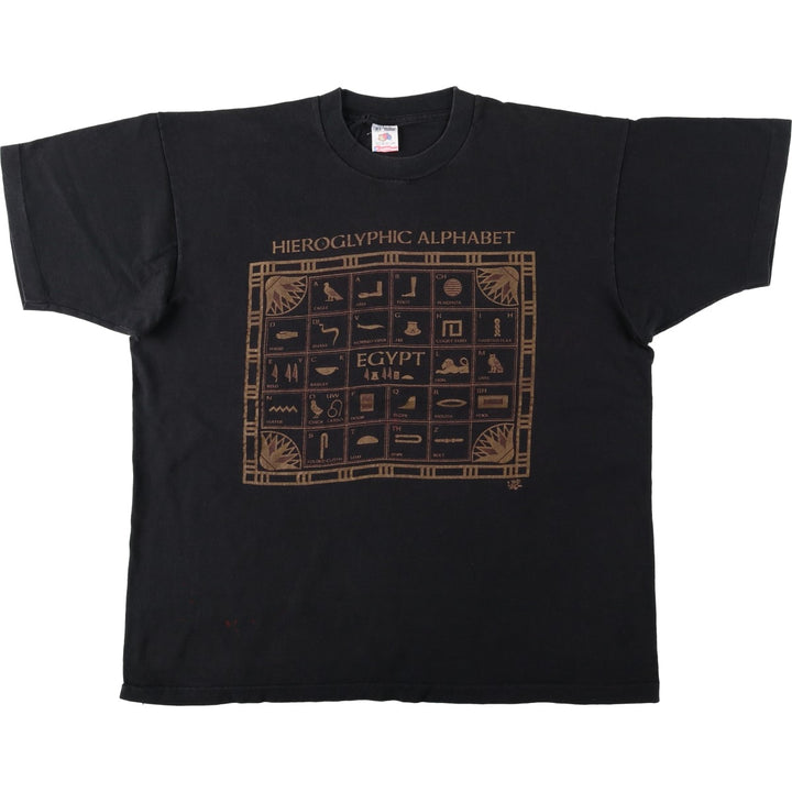 90'S Fruit of the Loom Hieroglyphic Alphabet Print T-Shirt, Made in USA, Men's XL equivalent, Vintage cotton black type Vintage Second Hand