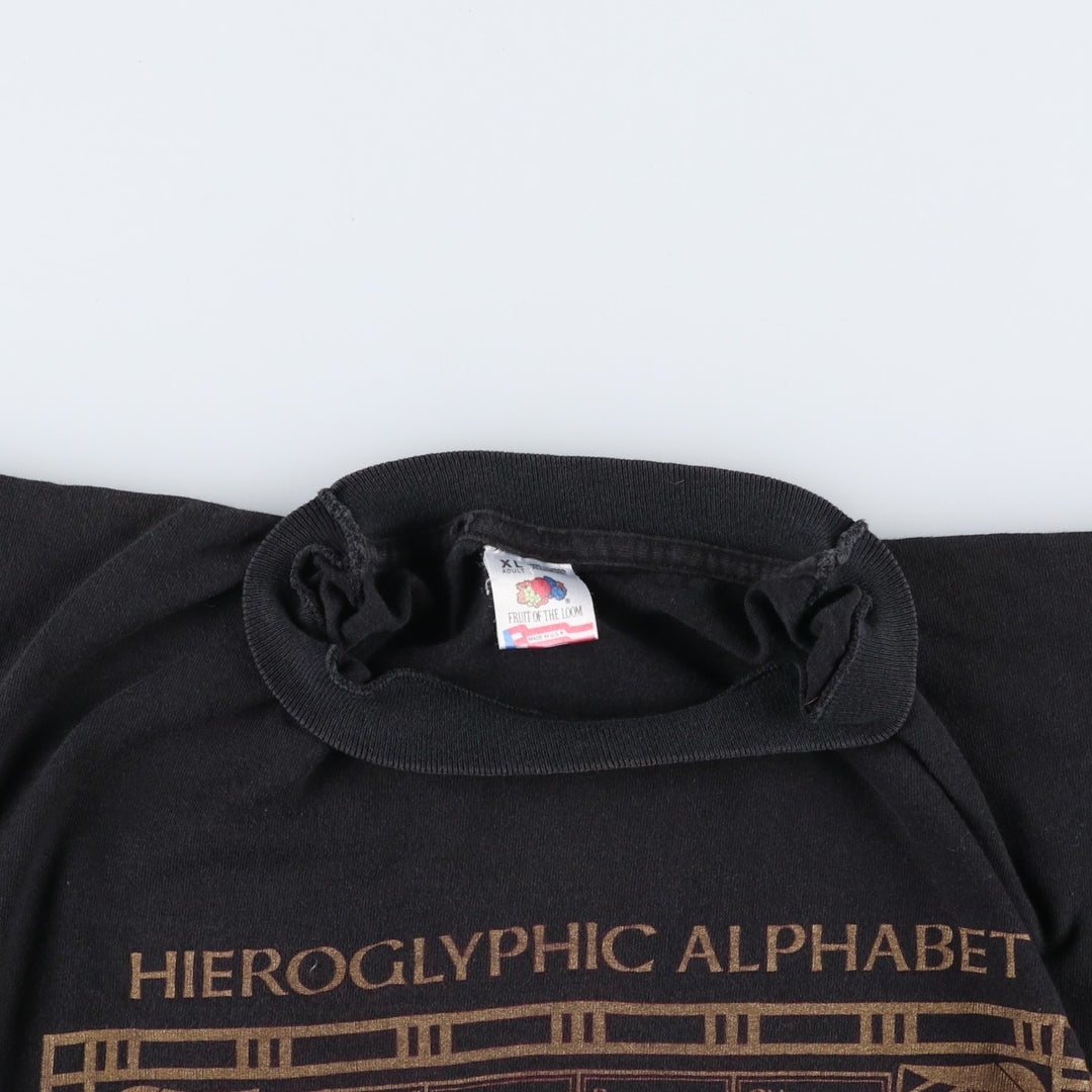 90'S Fruit of the Loom Hieroglyphic Alphabet Print T-Shirt, Made in USA, Men's XL equivalent, Vintage cotton black type Vintage Second Hand