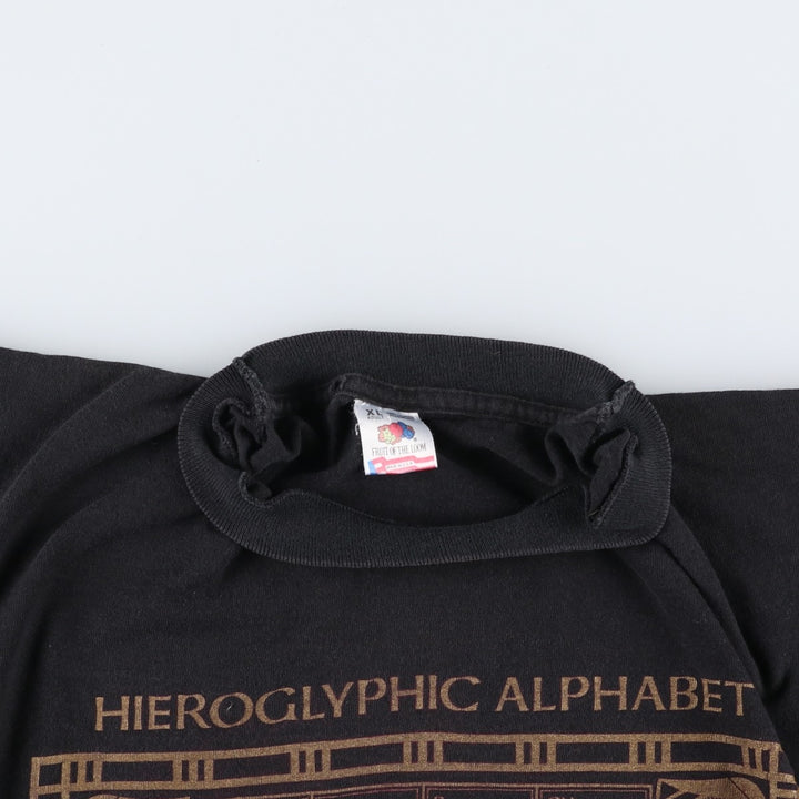 90'S Fruit of the Loom Hieroglyphic Alphabet Print T-Shirt, Made in USA, Men's XL equivalent, Vintage cotton black type Vintage Second Hand