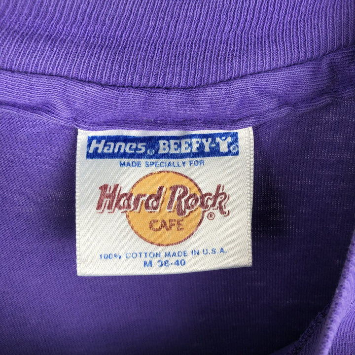 Hanes BEEFY-T HARD ROCK CAFE advertising T-shirt, made in the USA, men's size M (approx.) cotton purple type Vintage Second Hand