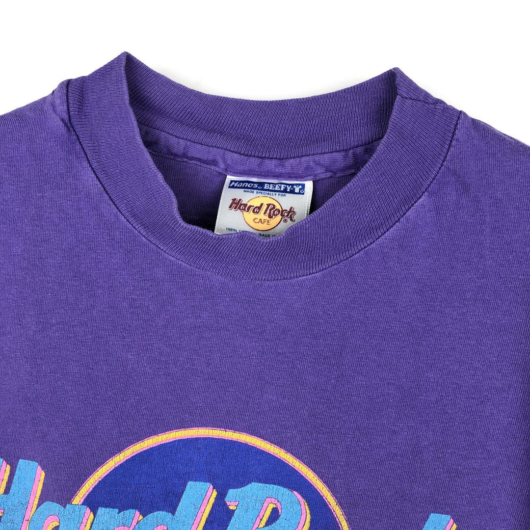Hanes BEEFY-T HARD ROCK CAFE advertising T-shirt, made in the USA, men's size M (approx.) cotton purple type Vintage Second Hand