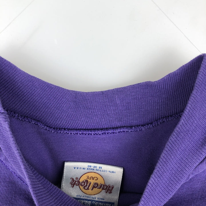 Hanes BEEFY-T HARD ROCK CAFE advertising T-shirt, made in the USA, men's size M (approx.) cotton purple type Vintage Second Hand