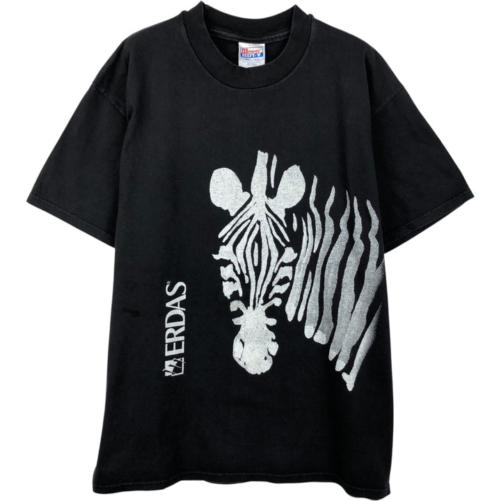 90'S Hanes BEEFY-T ERDAS Zebra Pattern Advertising T-Shirt, Made in USA, Men's Size L (approx.), Vintage cotton black type Vintage Second Hand