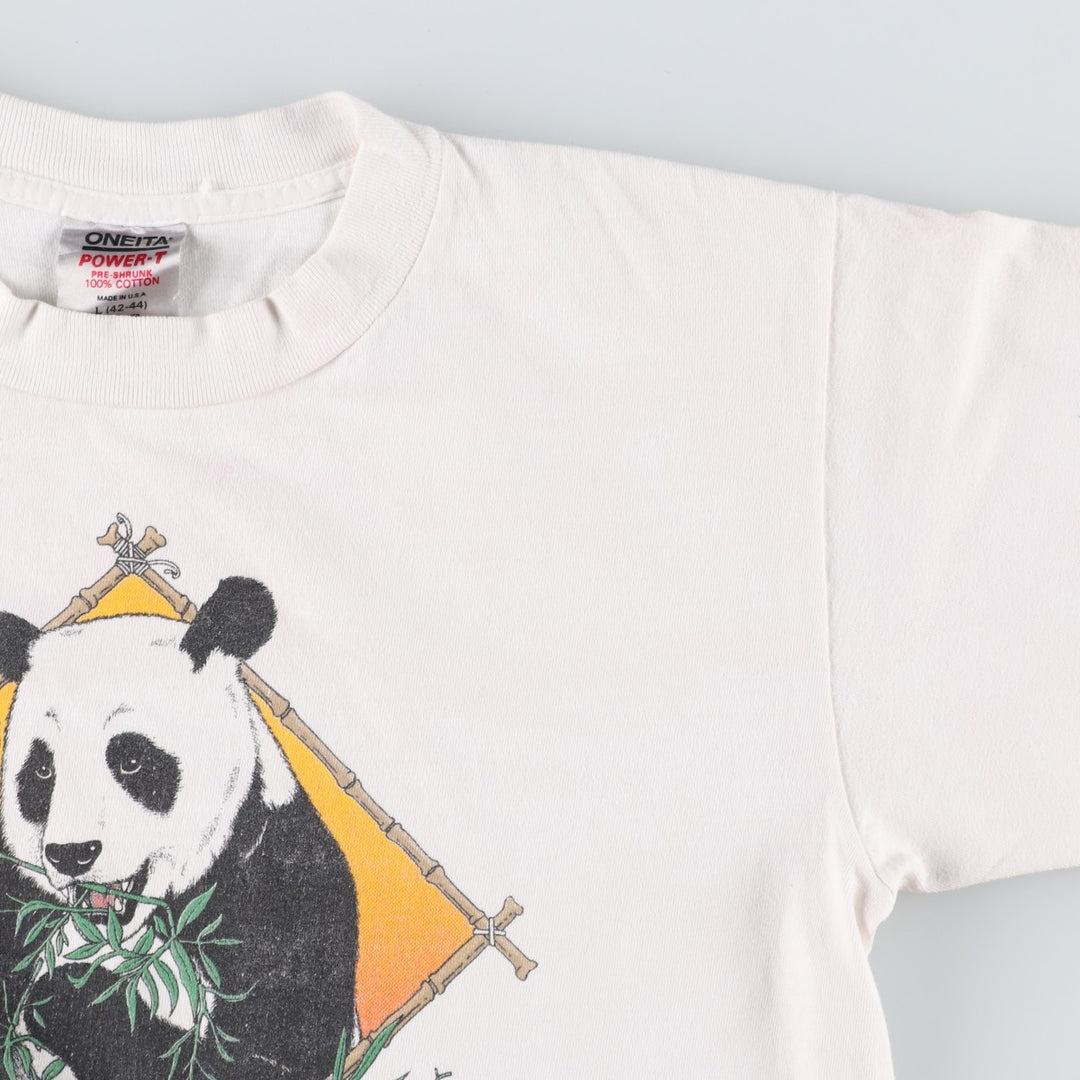 90'S ONEITA Panda Pattern Animal T-Shirt, Made in USA, Men's Size L (Equivalent), Vintage cotton ivory Vintage Second Hand
