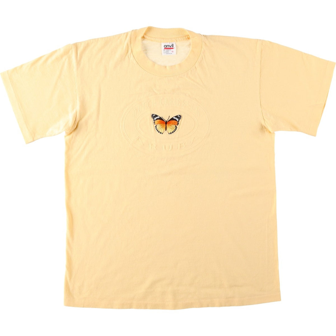 90'S Anvil Butterfly Animal T-Shirt Made in USA Men's L Size Vintage cotton yellow type Vintage Second Hand