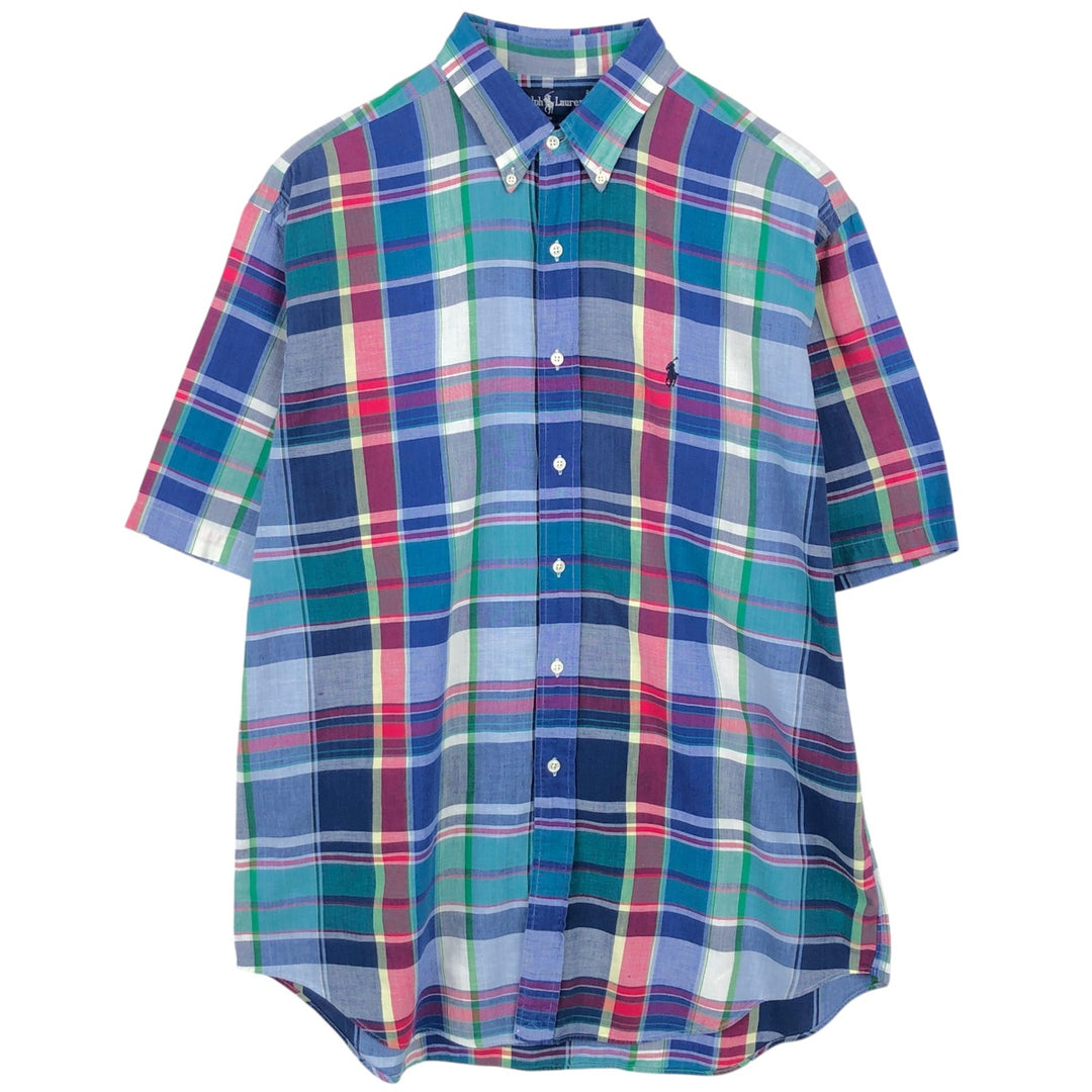 Ralph Lauren BLAIRE short sleeve button down check shirt, men's size L cotton blue type Vintage Second Hand