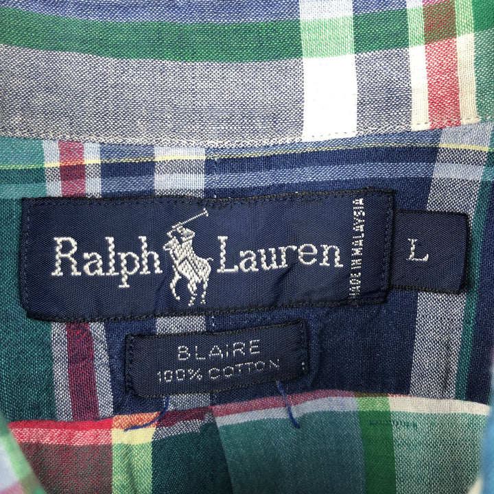 Ralph Lauren BLAIRE short sleeve button down check shirt, men's size L cotton blue type Vintage Second Hand