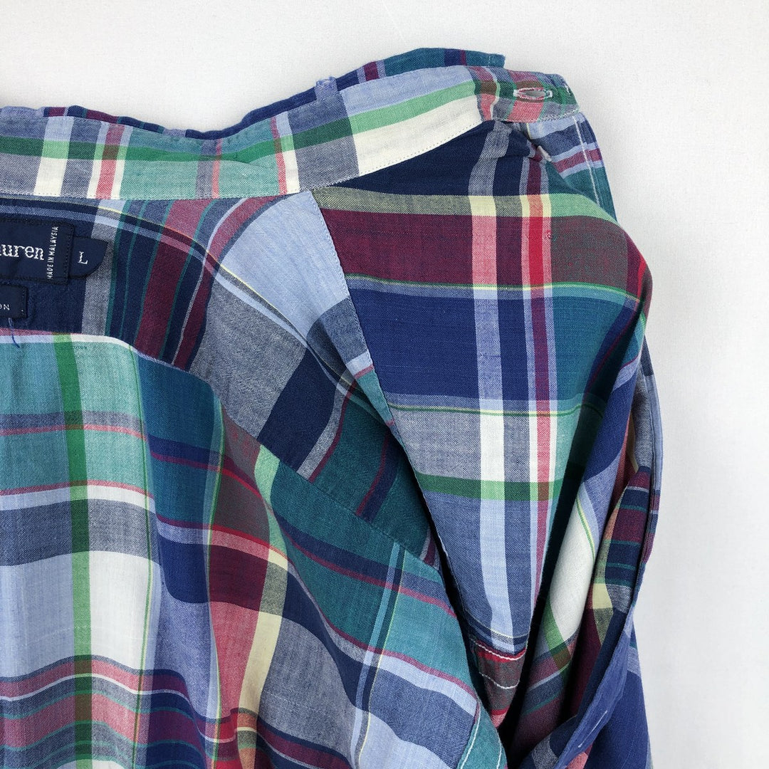 Ralph Lauren BLAIRE short sleeve button down check shirt, men's size L cotton blue type Vintage Second Hand
