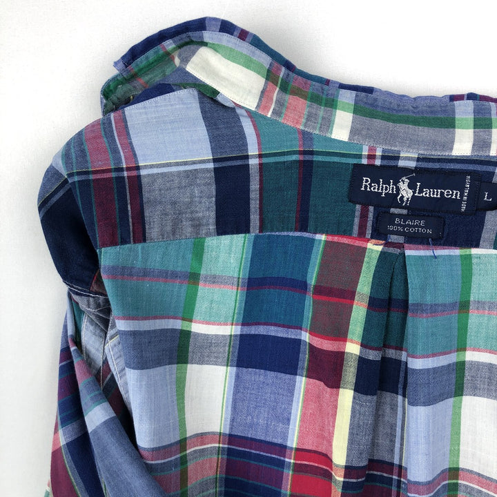 Ralph Lauren BLAIRE short sleeve button down check shirt, men's size L cotton blue type Vintage Second Hand