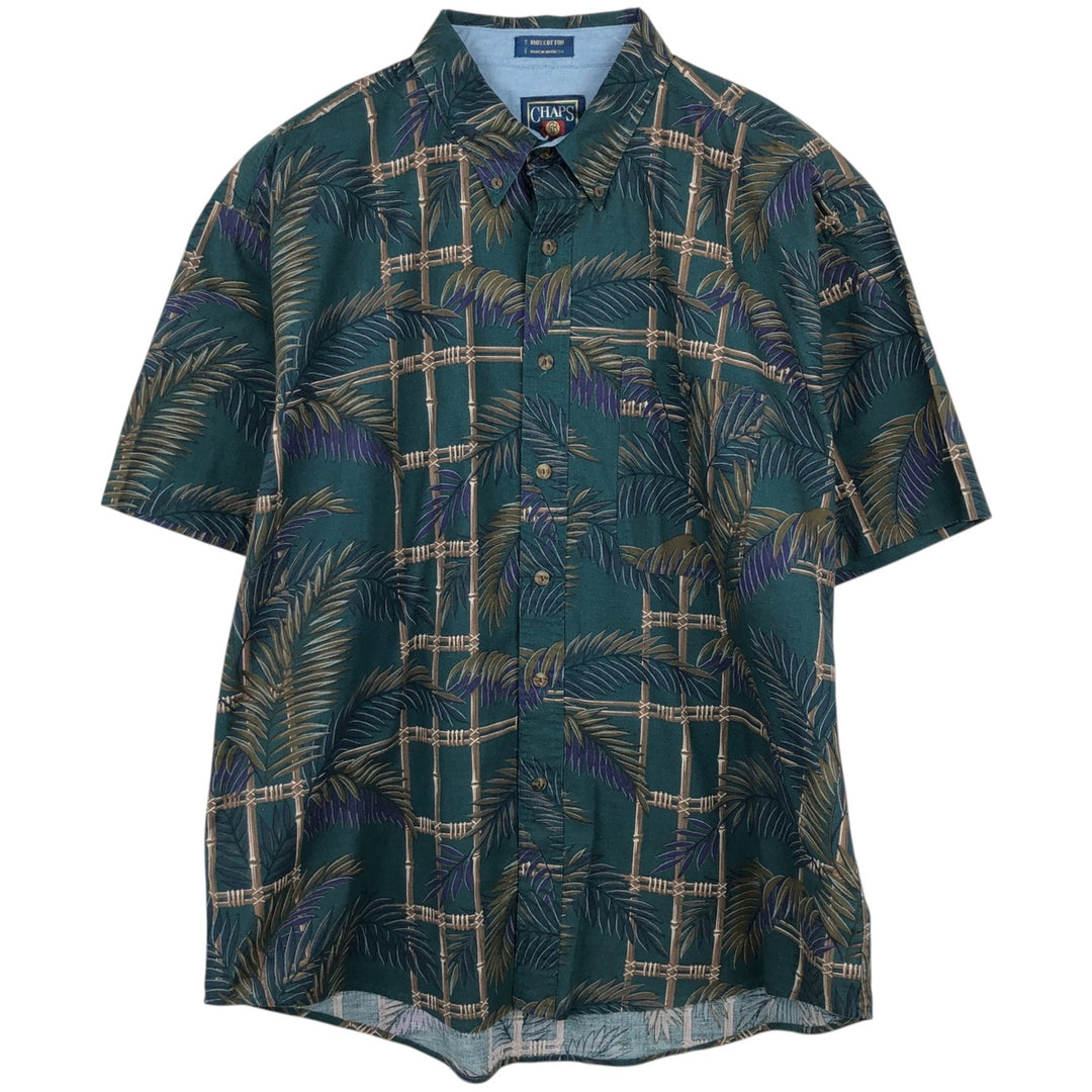 1980'S Ralph Lauren CHAPS short-sleeved button-down shirt, men's size XL (approx.), vintage, all-over leaf pattern. cotton green type Vintage Second Hand