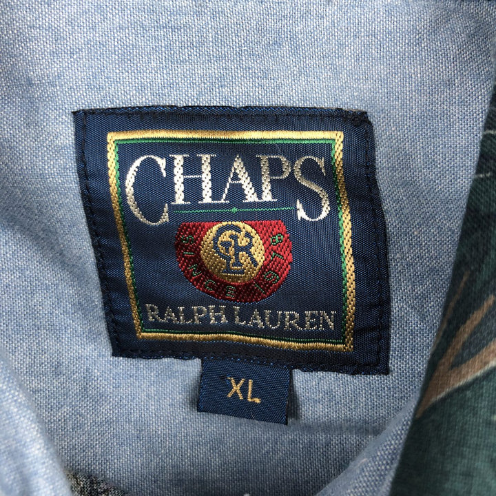 1980'S Ralph Lauren CHAPS short-sleeved button-down shirt, men's size XL (approx.), vintage, all-over leaf pattern. cotton green type Vintage Second Hand