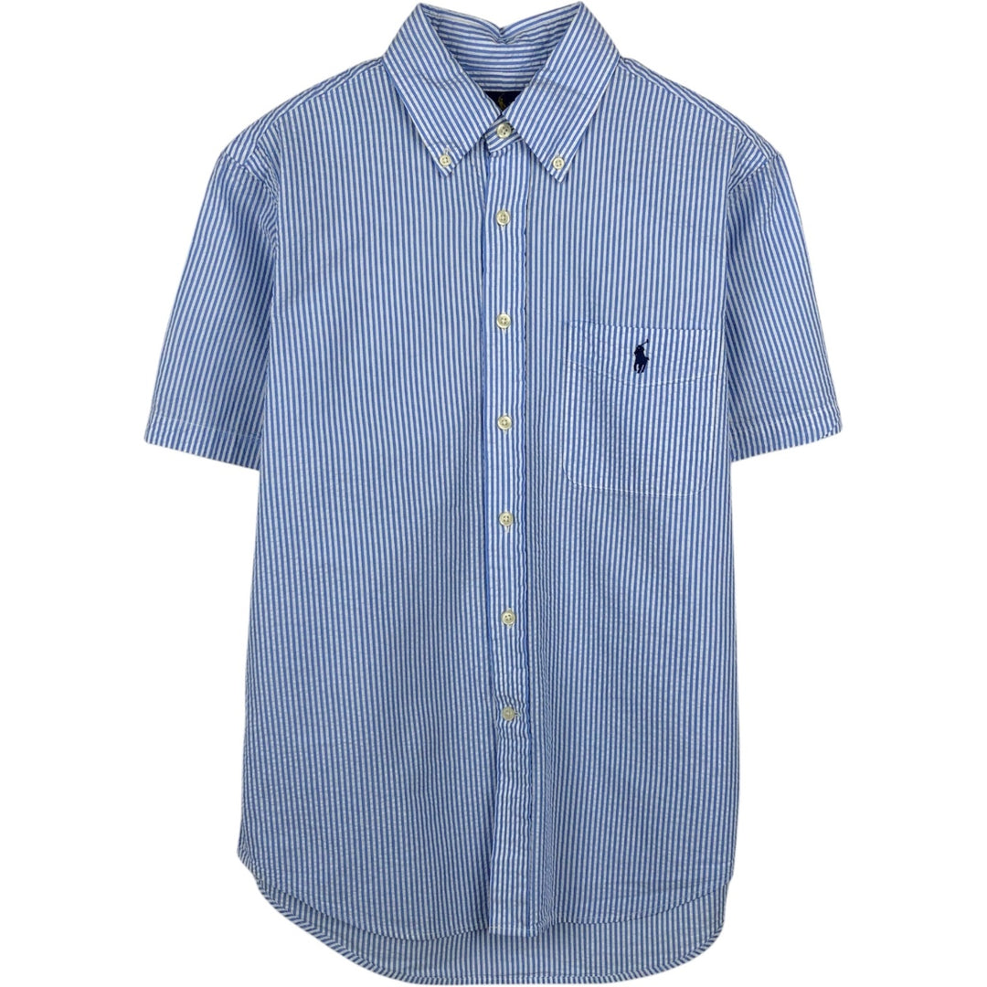 Ralph Lauren SEERSUCKER Short-Sleeve Button-Down Striped Shirt, Men's Size S (approx.) cotton Blue type light blue Vintage Second Hand