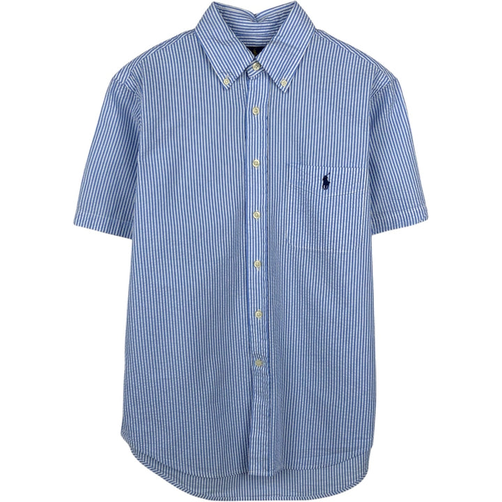 Ralph Lauren SEERSUCKER Short-Sleeve Button-Down Striped Shirt, Men's Size S (approx.) cotton Blue type light blue Vintage Second Hand